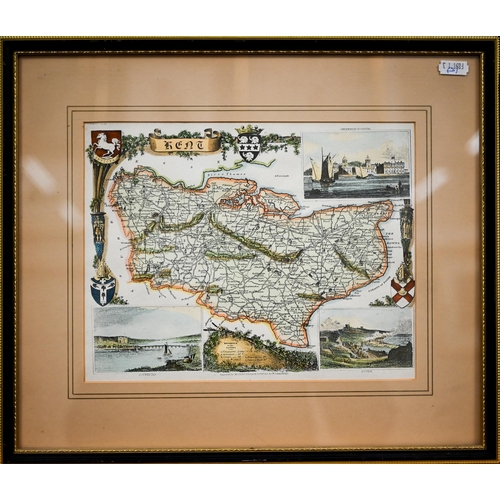 384 - #A hand-coloured map engraving of Sussex by Robert Morden, 18 x 23 cm; a map of Kent and an antique ... 