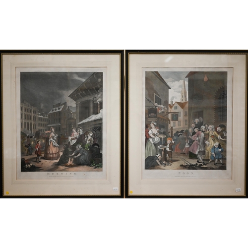 386 - Four hand-coloured Hogarth engravings - Morning, Noon, Evening and Night, pub 1790 by Robinson, 50 x... 