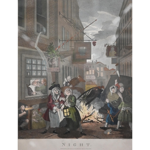 386 - Four hand-coloured Hogarth engravings - Morning, Noon, Evening and Night, pub 1790 by Robinson, 50 x... 