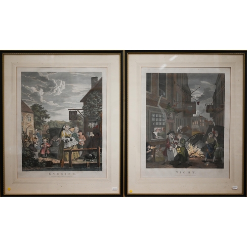 386 - Four hand-coloured Hogarth engravings - Morning, Noon, Evening and Night, pub 1790 by Robinson, 50 x... 