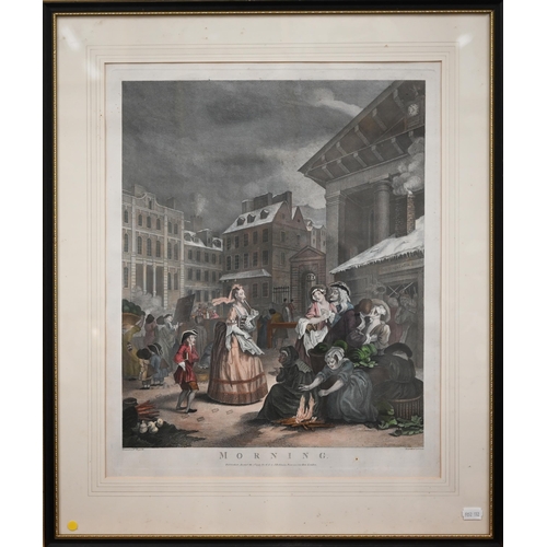 386 - Four hand-coloured Hogarth engravings - Morning, Noon, Evening and Night, pub 1790 by Robinson, 50 x... 