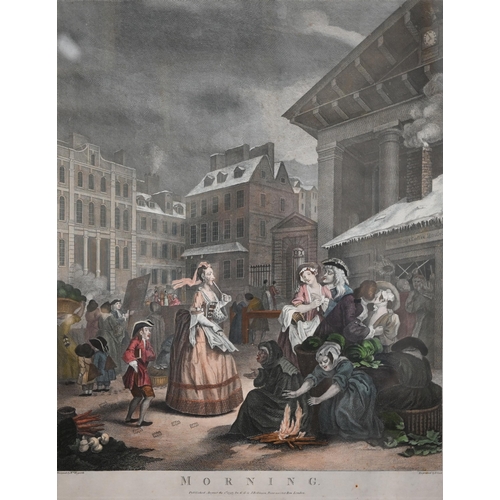 386 - Four hand-coloured Hogarth engravings - Morning, Noon, Evening and Night, pub 1790 by Robinson, 50 x... 