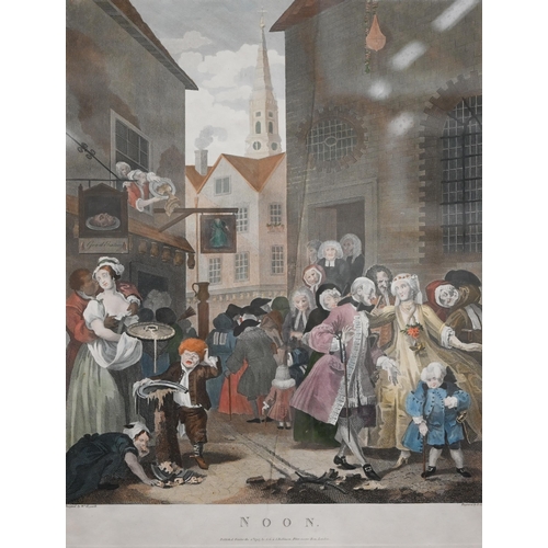 386 - Four hand-coloured Hogarth engravings - Morning, Noon, Evening and Night, pub 1790 by Robinson, 50 x... 