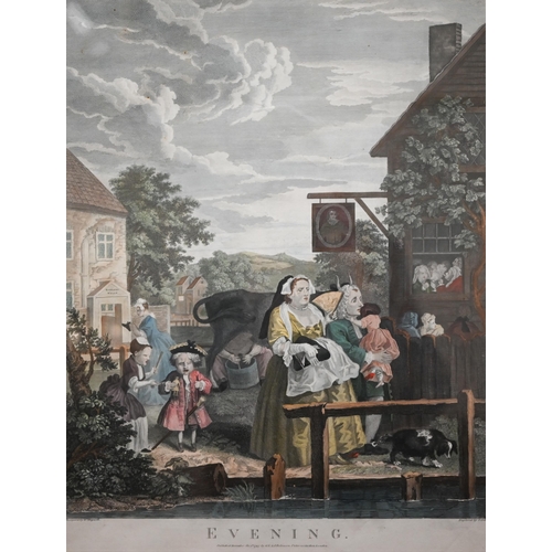 386 - Four hand-coloured Hogarth engravings - Morning, Noon, Evening and Night, pub 1790 by Robinson, 50 x... 