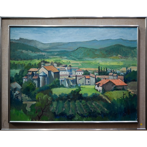 387 - A Provencal village landscape, oil on canvas, indistinctly signed lower right, 59 x 79 cm