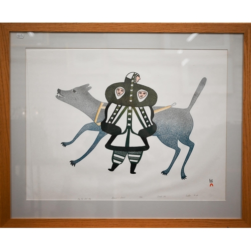 390 - Pudlo Pudat - My big sled dog, stonecut and stencil print, signed and dated 1990, 52 x 69 cm