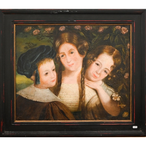 394 - An early 19th century family group, oil on canvas, 50 x 60 cm to/w an oval pastel study of a young w... 