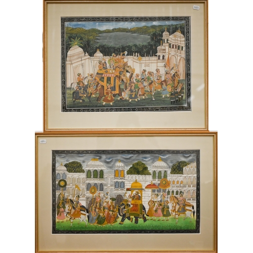 400 - #Two modern Moghul-type watercolours featuring palaces and processions, 35 x 47 cm (2)