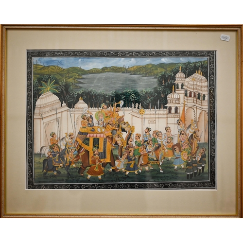 400 - #Two modern Moghul-type watercolours featuring palaces and processions, 35 x 47 cm (2)