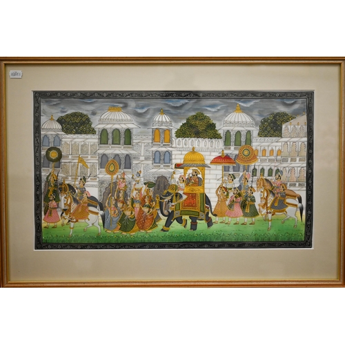 400 - #Two modern Moghul-type watercolours featuring palaces and processions, 35 x 47 cm (2)