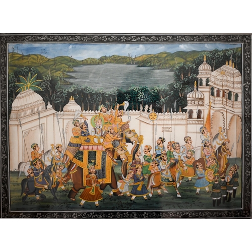 400 - #Two modern Moghul-type watercolours featuring palaces and processions, 35 x 47 cm (2)