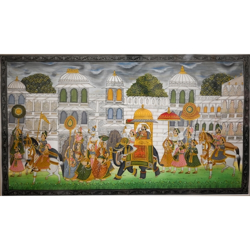 400 - #Two modern Moghul-type watercolours featuring palaces and processions, 35 x 47 cm (2)