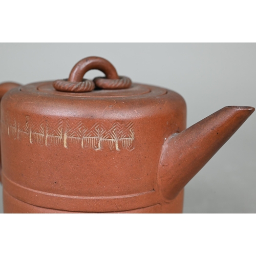 406 - Seven various Chinese Yixing teapots including a 'tree-trunk' example signed 'Rong Ying' and cylindr... 