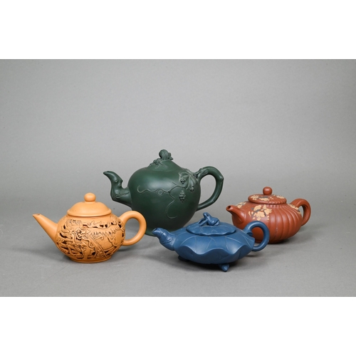 406 - Seven various Chinese Yixing teapots including a 'tree-trunk' example signed 'Rong Ying' and cylindr... 