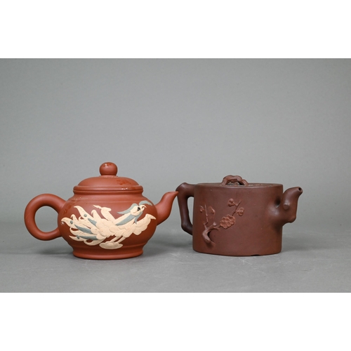 406 - Seven various Chinese Yixing teapots including a 'tree-trunk' example signed 'Rong Ying' and cylindr... 