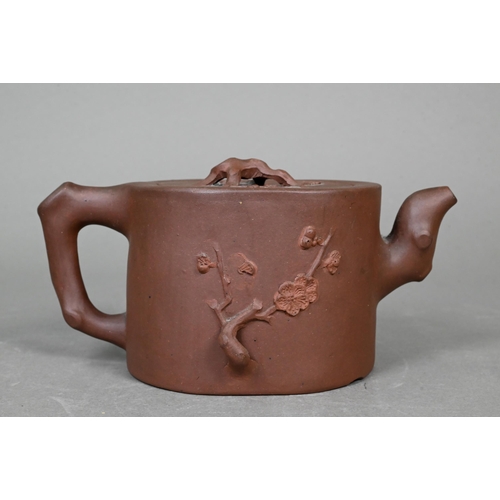 406 - Seven various Chinese Yixing teapots including a 'tree-trunk' example signed 'Rong Ying' and cylindr... 