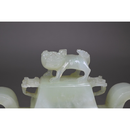 407 - A modern 'new jade' bowenite archaistic fang-ding form vessel and cover on hardwood stand to/w a sma... 