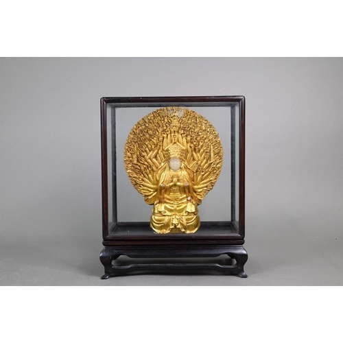 409 - A Chinese gilt-resin figure of Guanyin in glazed display case to/w two carved bamboo sampan river bo... 