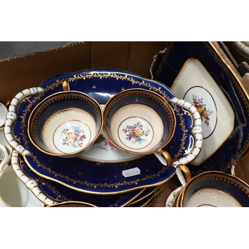 415 - An Aynsley blue and gilt-bordered tea service with floral printed decoration to/w a similar Coalport... 