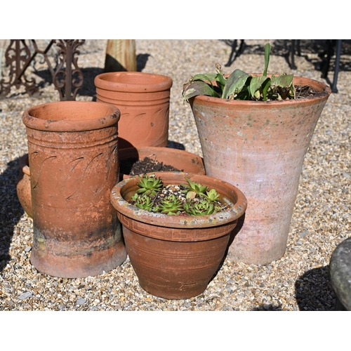 43 - A pair of heavily weathered composite stone urn planters to/with an assortment of terracotta planter... 