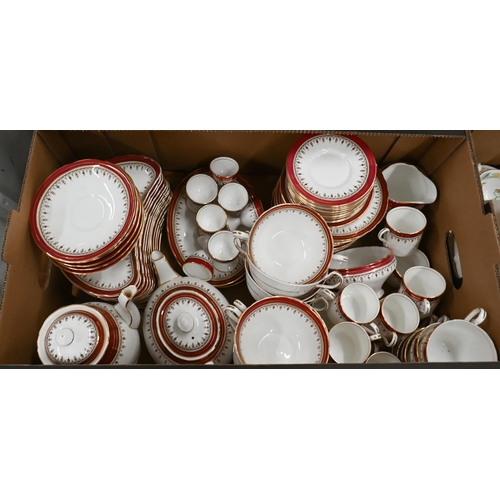 454 - An extensive Aynsley china dinner/tea/coffee service with puce and gilt rims (2 boxes)