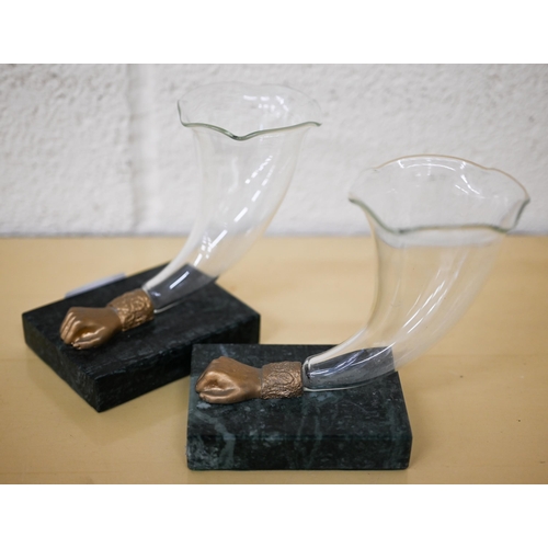 456 - A pair of glass 'cornucopia' horn vases on marbled bases 13 cm high