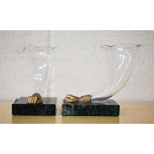 456 - A pair of glass 'cornucopia' horn vases on marbled bases 13 cm high