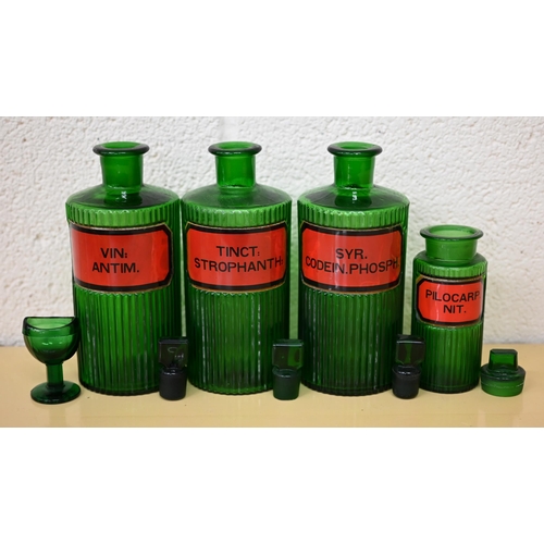 461 - Seven antique/vintage apothecary bottles - all named to/w three glass conical measures, an eye-bath ... 