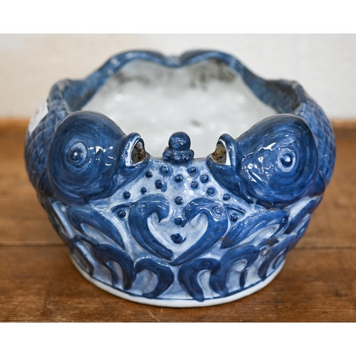 465 - An Asian ceramic bowl decorated with carp, 13 cm high to/w a pair of epns baluster candlesticks (3)