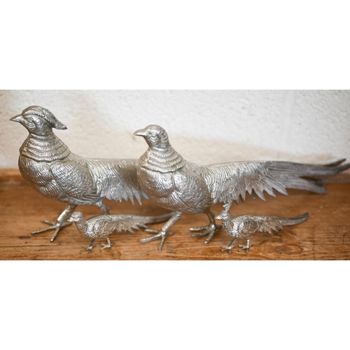 472 - Two ep pheasant table ornaments 28 cm long to/w a miniature pair and other ornamental metalware (box... 