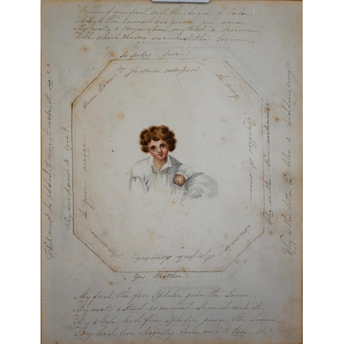 475 - A framed early 19th century pencil and watercolour portrait sketch of a young boy, surrounded by man... 