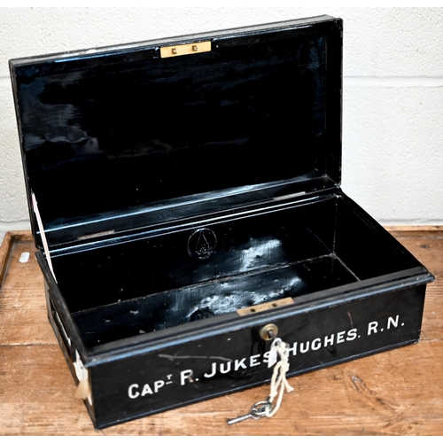 524 - A japanned tin strong box, painted for Capt R Jukes-Hughes RN, 41 x 23 x 13 cm