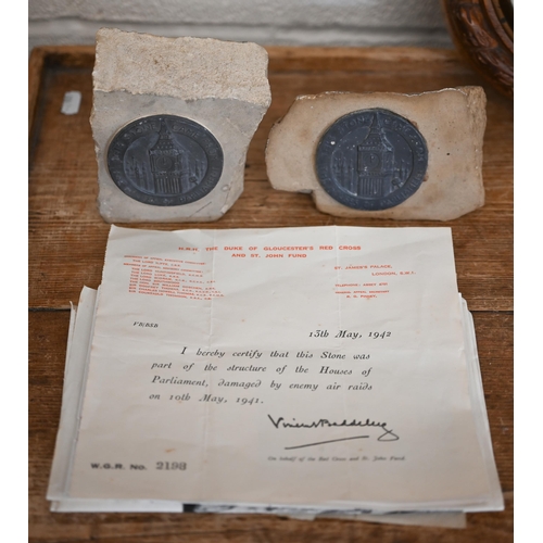 525 - Two commemorative metal medallions mounted on shards of stone from the Houses of Parliament followin... 