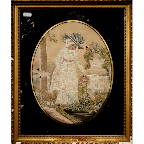 535 - #An early 19th century oval silk longstitch embroidered picture of an elegant 18th century lady wate... 