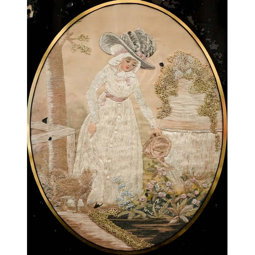 535 - #An early 19th century oval silk longstitch embroidered picture of an elegant 18th century lady wate... 