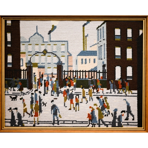 541 - Three framed needlework street scenes after L S Lowry