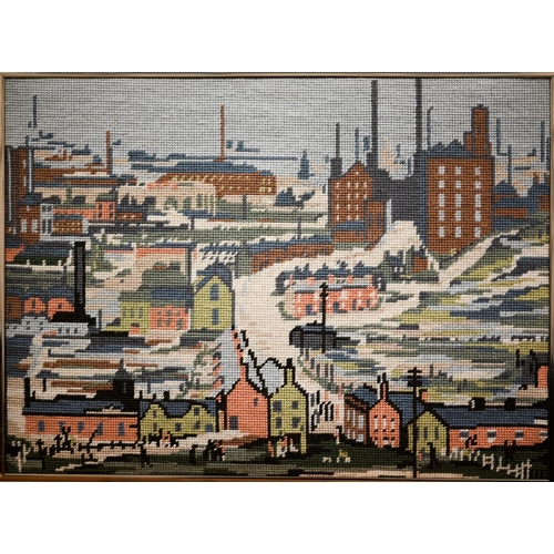 541 - Three framed needlework street scenes after L S Lowry