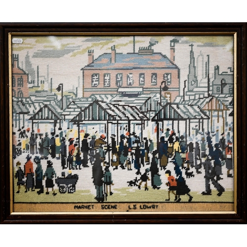 541 - Three framed needlework street scenes after L S Lowry