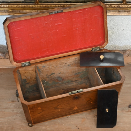 563 - A large 19th century inlaid rosewood sarcophagus tea caddy with two bone-handled covered inner compa... 