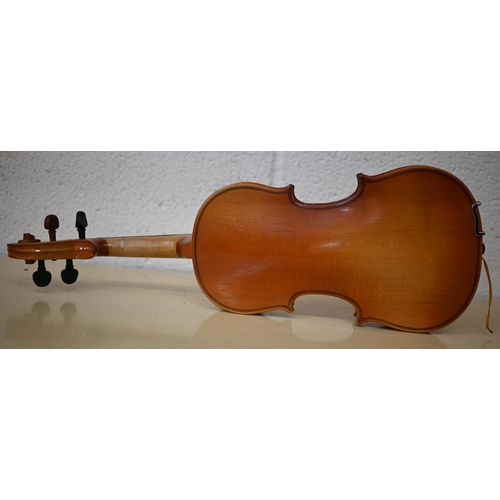 566 - #A Chinese Lark child's violin with 31 cm one piece back, in case with bow