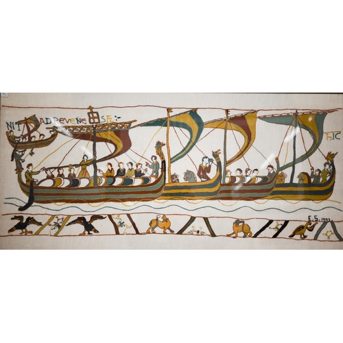 568 - Two large framed hand-embroidered sections after the Bayeux tapestry, 53 x 116 cm