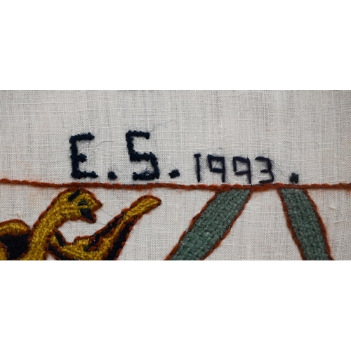 568 - Two large framed hand-embroidered sections after the Bayeux tapestry, 53 x 116 cm