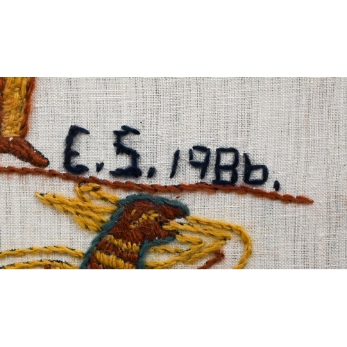 568 - Two large framed hand-embroidered sections after the Bayeux tapestry, 53 x 116 cm