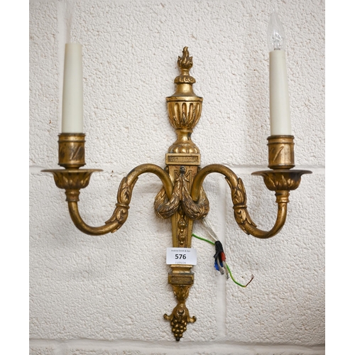 576 - Two cast brass Adam-style twin-branch wall lights, 38 cm high