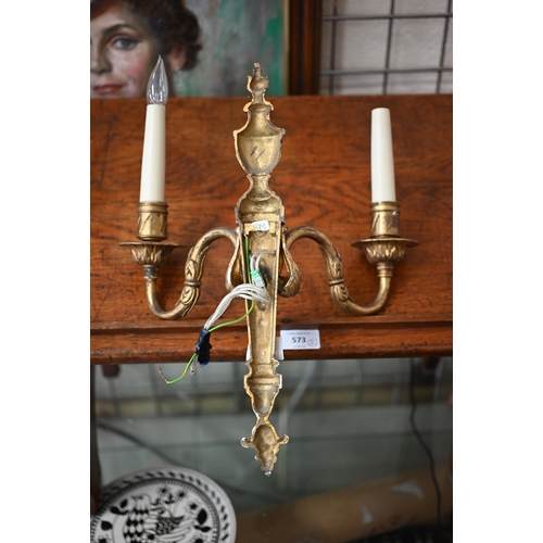 576 - Two cast brass Adam-style twin-branch wall lights, 38 cm high