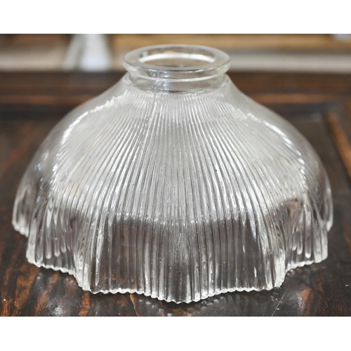 578 - An Art Deco chrome and glass ceiling lightshade with frosted shell segments, to/w two other shell se... 