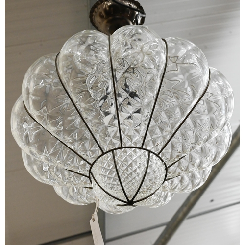 580 - A moulded glass ceiling light with wire-bound lobes, 41 cm diam