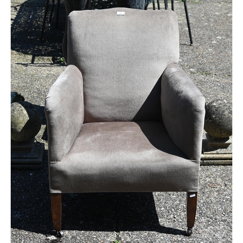 599 - An Edwardian sage green dralon upholstered small armchair, on square tapering legs, a/f