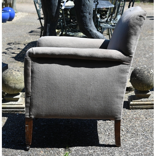 599 - An Edwardian sage green dralon upholstered small armchair, on square tapering legs, a/f