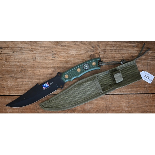 619 - A US RFX M21 training grenade to/w a hunting knife with compass-inset handle and webbing sheath (2)